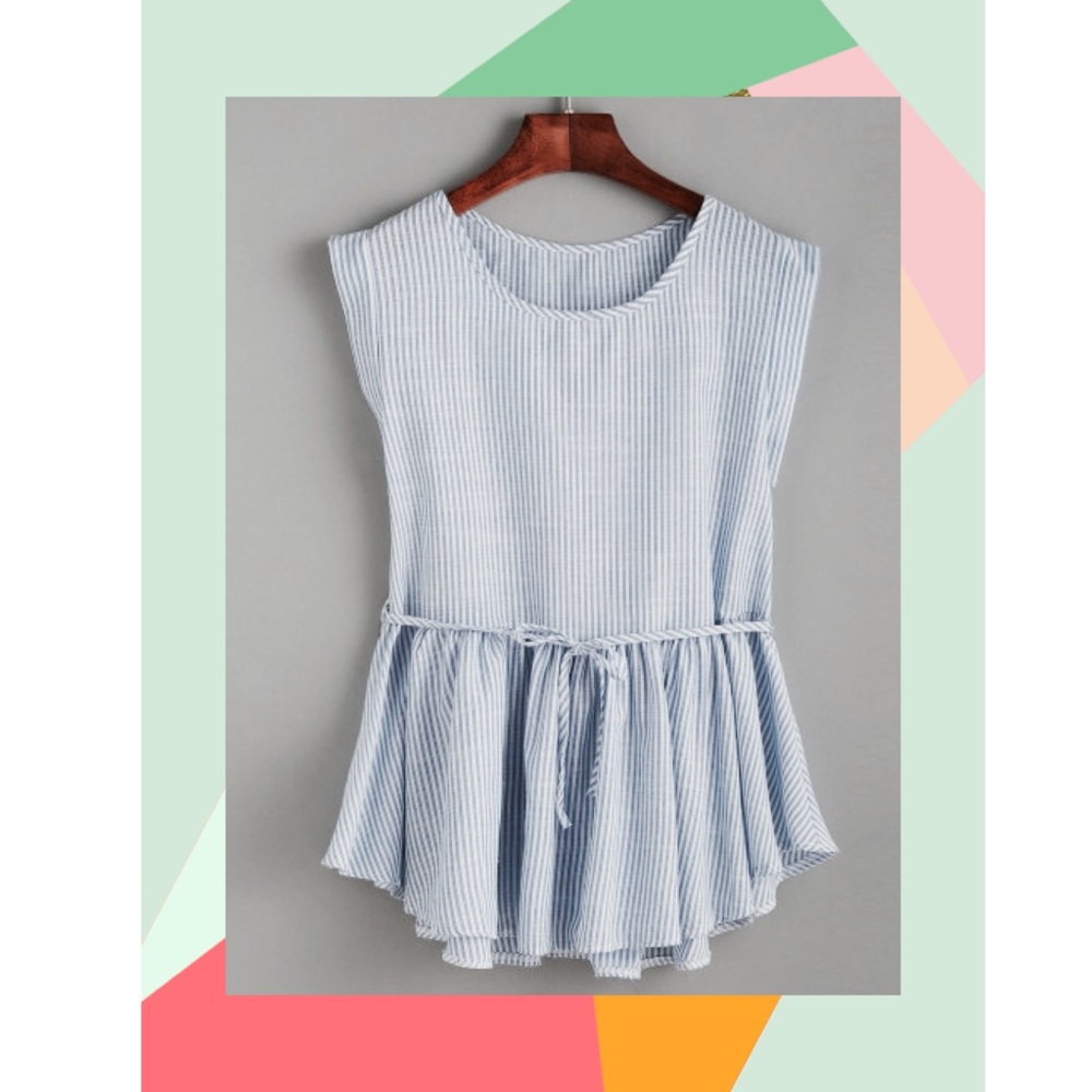 Blue Striped Ruffle Hem Blouse